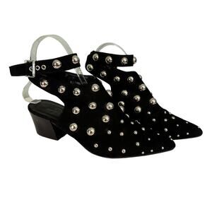 Jol Mules 6 Casual Suede Bubble Studs Ankle Strap Buckle Pointed Toe Heels Black